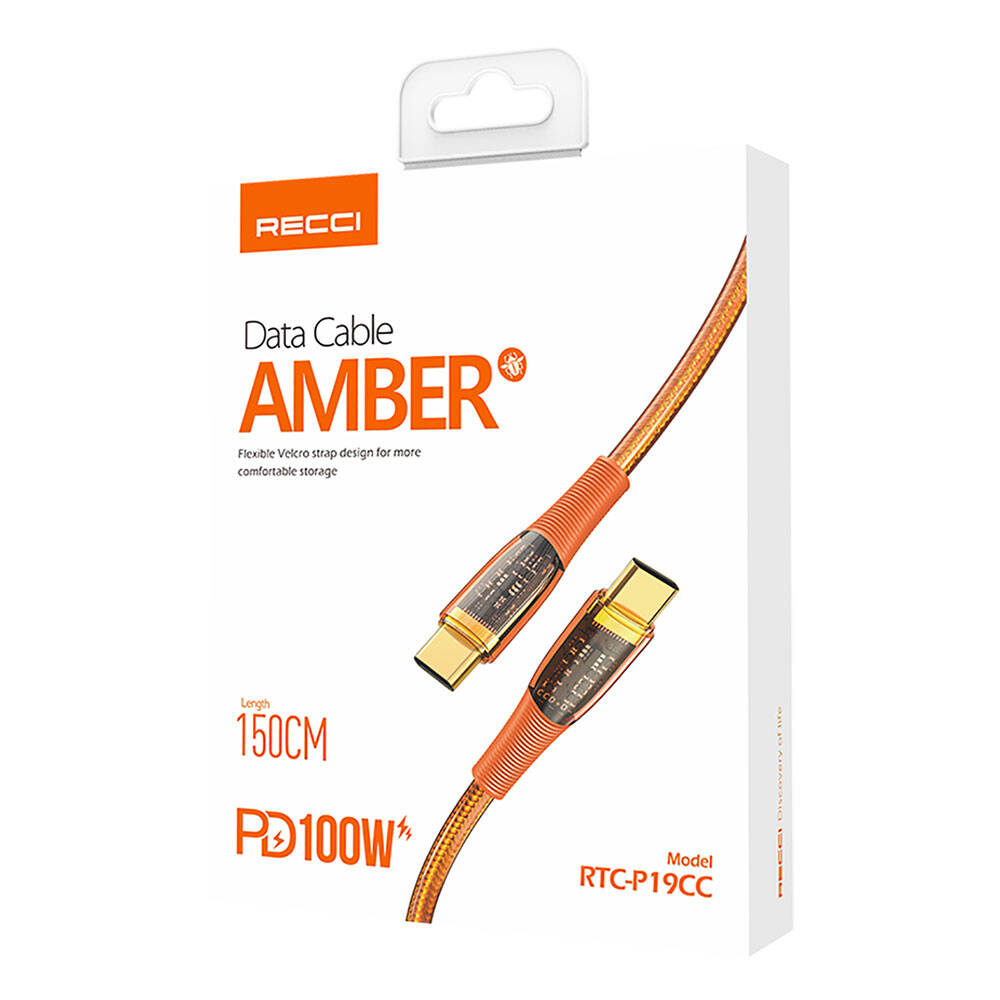 Recci RTC-P19CC Amber Serisi Type-C to Type-C PD 100W Şeffaf Tasarım Şarj ve Data Kablosu 1.5M Recci RTC-P19CC Amber Serisi Type-C to Type-C PD 100W Şeffaf Tasarım Şarj ve Data Kablosu 1.5M